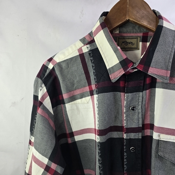 Roper Shirt Mens Large Black Red Snap Button Plaid Western White Long Sleeve - Picture 2 of 12
